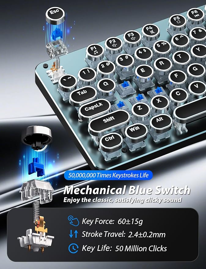 Typewriter Style Mechanical Gaming Keyboard Blue Switch, Rainbow LED Backlit Wired Computer Keyboards Mouse and Pad Combo, Metal Panel Retro Punk Round Keycaps, 104 Keys Anti-Ghost for PC Laptop Gamer