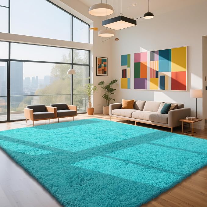 yongyangjuxin Teal Blue Rug Fluffy Rug, 9x12 Teal Area Rugs for Living Room, Soft Play Mat, Teal Rugs for Bedroom, Preppy Dorm, Plush Aesthetic