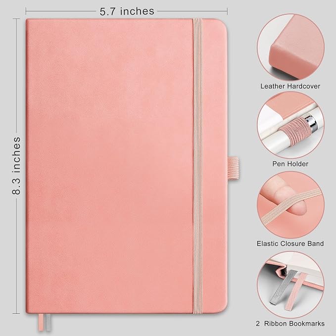 AHGXG Dotted Journal Notebook, 160 Numbered Pages, A5 Medium Size (5.7'' x 8.3''), 120 GSM Thick Paper, Leather Hardcover, for Journaling, Planning, Tracking (Pink)