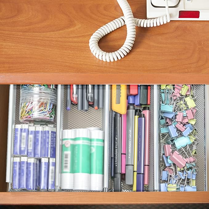2PCS Drawer Organizer for Kitchen,Utensil Mesh Drawer Organizer with Interlocking Arm for Cosmetic,Flatware,Pen (12 * 3 * 2 Inches,Grey)