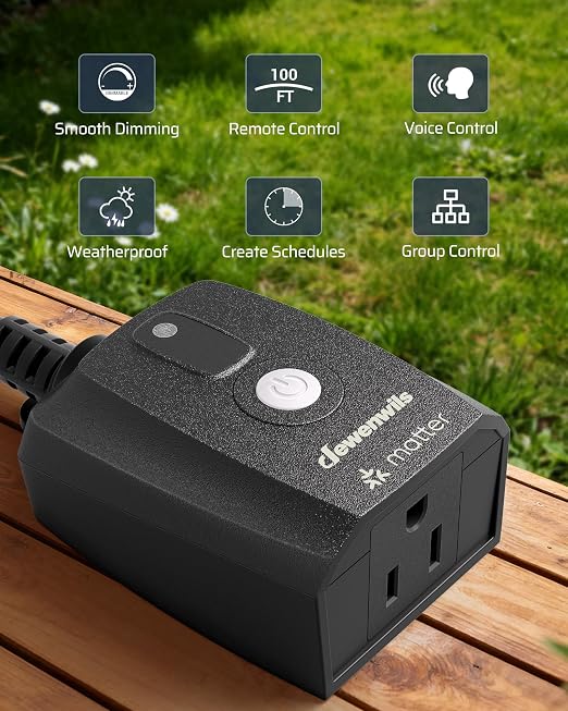 DEWENWILS Wi-Fi Matter Smart Dimmer Plug, Outdoor Dimmer for String Lights, Works with Alexa, Google Home, SmartThings, 100FT Remote, for 150W Dimmable LED/300W Tungsten Bulbs, 2.4GHz Only