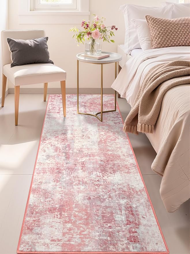 Macgace Washable Abstract Runner Rug, 2x6 Modern Area Rugs with Non-Slip Rubber Backed for Kitchen, Thin but Soft Contemporary Carpet Bedroom Entryway Hallway Decor, Pink