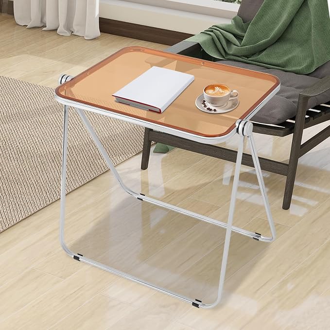 Clear Acrylic Small Folding Table, Acrylic Folding TV Tray Table, No Assembly Required Tiny Desk for Home Office Side Table Computer Desk for Small Spaces, Tawny