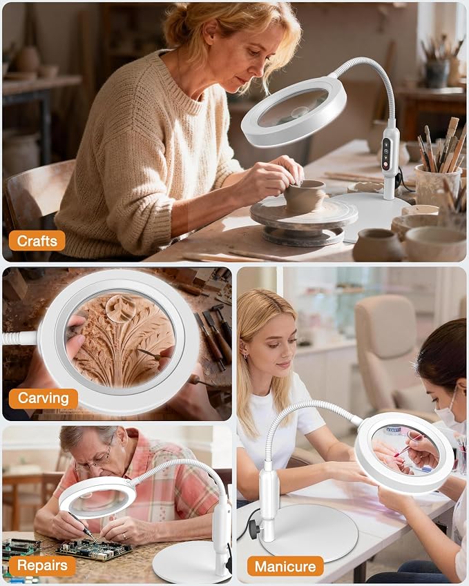 Magnifying Glass with Light and Stand, 5 Color Modes Stepless Dimmable, Optical Grade HD Lens, LED Lighted Magnifier Hands Free with 16in Flexible Gooseneck for Close Work - White