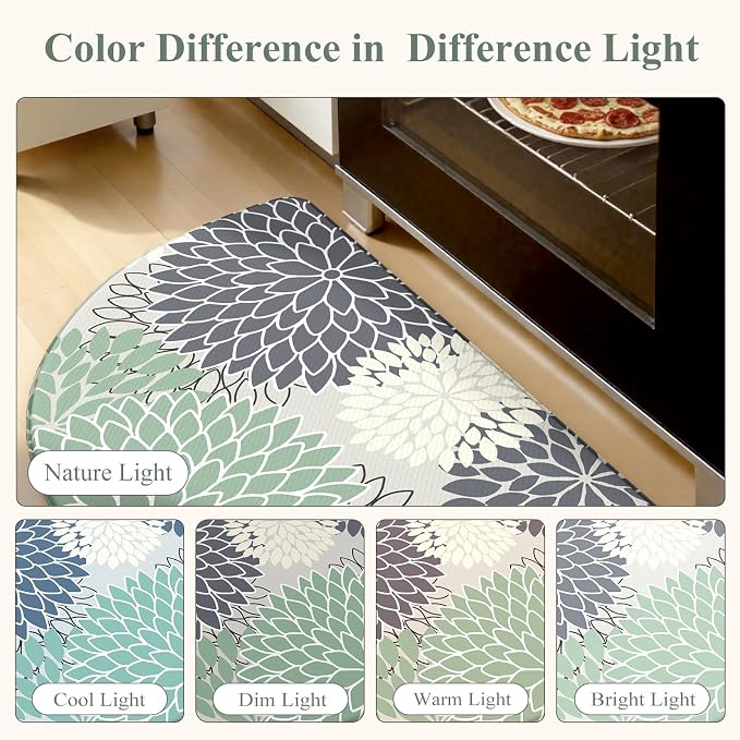 KIMODE Half Circle Kitchen Mats for Floor Cushioned Anti Fatigue 2PCS Semi | 28"x18"+28"x18",Half Round,Cyan,Boho Kitchen Rug Sets of 2,Non Slip,Waterproof,Padded Kitchen Carpet Decor for Sink Laundry