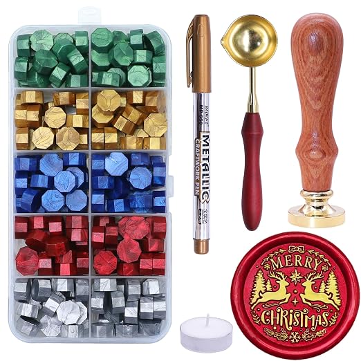 SWANGSA Merry Christmas Reindeer Wax Seal Stamp Kit with 200pcs Sealing Wax Beads, Great for Embellishment of Christmas Cards, Invitations, Wine Packages, Gift Wraps