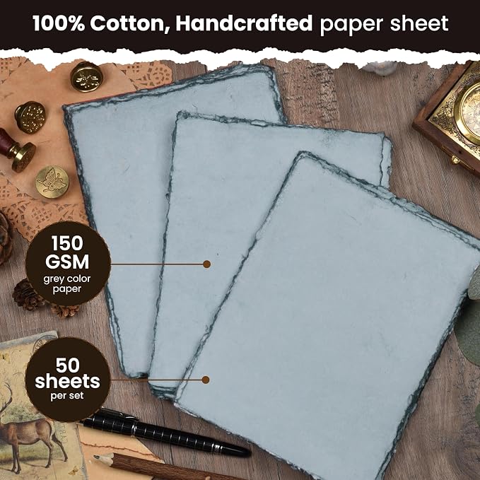 LEATHER VILLAGE Watercolor Paper - 8 X 6 inches, 50 Sheets - Mixed Media Watercolor Paper - 150 GSM Thick Deckle Edge Virgin Cotton Handmade Paper - Grey Toned