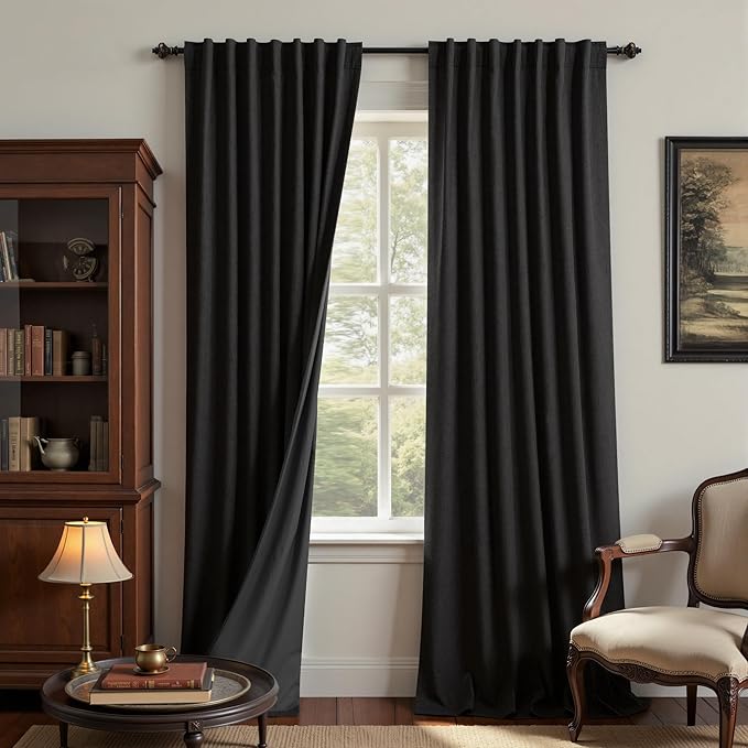 KOUFALL Black Linen Blackout Curtains for Bedroom 90 Inch Long,Back Tab Pleated Boho Farmhouse Gothic Curtains for Halloween 2 Panels Set