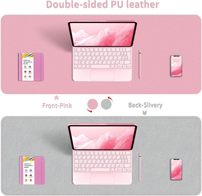 Dual-Sided Desk Mat, Large Desk Pad, Waterproof Smooth PU Leather Desk Blotter Protector Mouse Pad, Desk Organizers, Office/Home Table Decor for Reading and Writing (Pink+Slivery, 47.2''×23.6'')