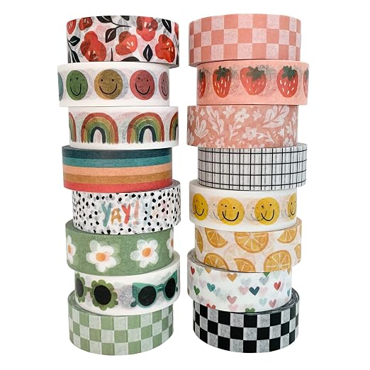Washi Tape Set of 16 Rolls of 15 mm Wide Cute Decorative Washi Tape for Journaling, Scrapbook, Washy Crafts, Bullet Journals, Planners, DIY Décor, Craft Supplies For Adults & Kids (Splash)