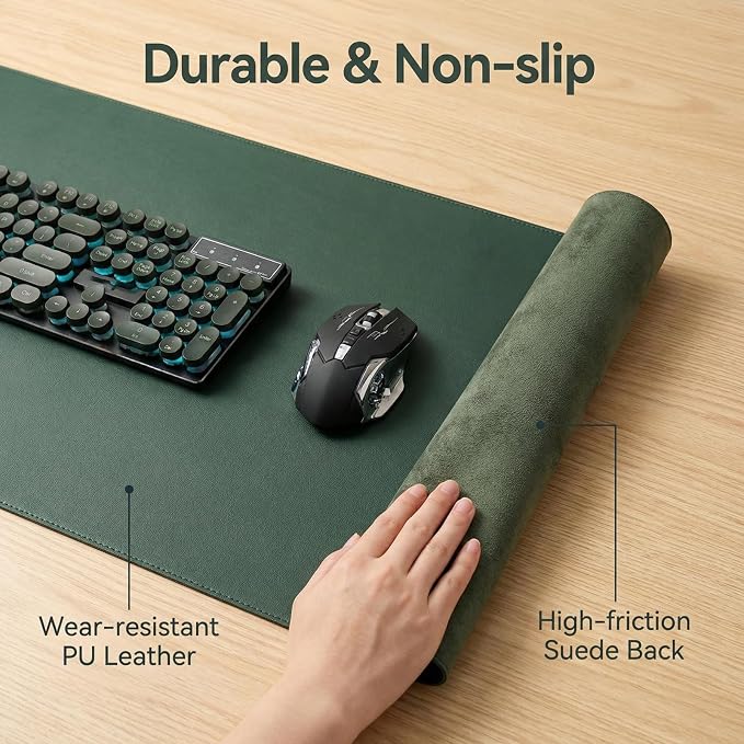 Leather Desk Pad Protector, Office Desk Mat, Large Mouse Pad, Non-Slip PU Leather Desk Blotter, Waterproof Computer Desk Writing Pad for Office and Home (Dark Green, 11" x 42")