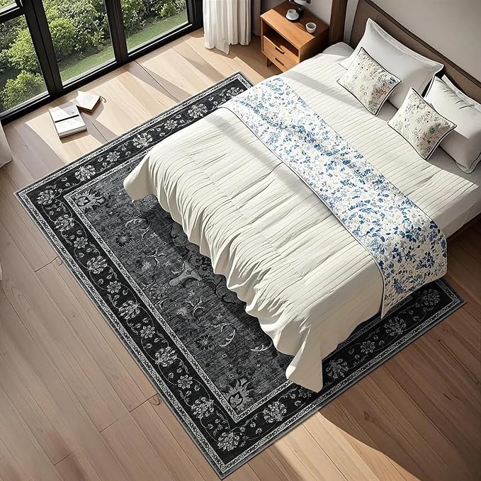3x5 Area Rugs for Bedroom, Machine Washable Vintage Rug, Non-Slip Low Pile Throw Rugs with Rubber Backing Printed Vintage Floral Carpet for Living Room Dining Room Kitchen Home Decor, Black Grey