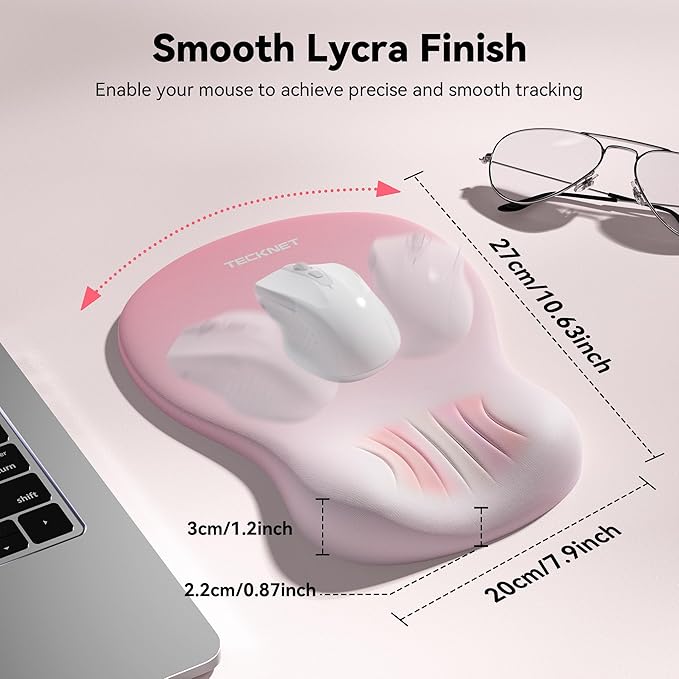 TECKNET Ergonomic Mouse Pad with Wrist Rest, Memory Foam Mousepad with Wrist Support, Smooth Surface, Middle Concave & Non-Slip Base for Laptop/PC, Pain Relief for Home Office Gaming, Pink