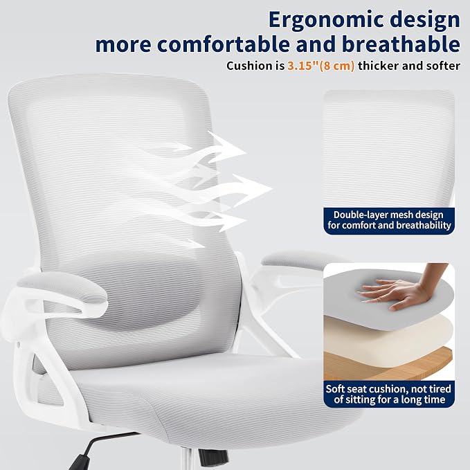 Ergonomic Office Chair, Desk Chair with Adjustable Lumbar Support, Breathable Mesh Comfy Computer Chairs with Flip-up Armrests Executive Task Chair for Adults Home Office(Gray)