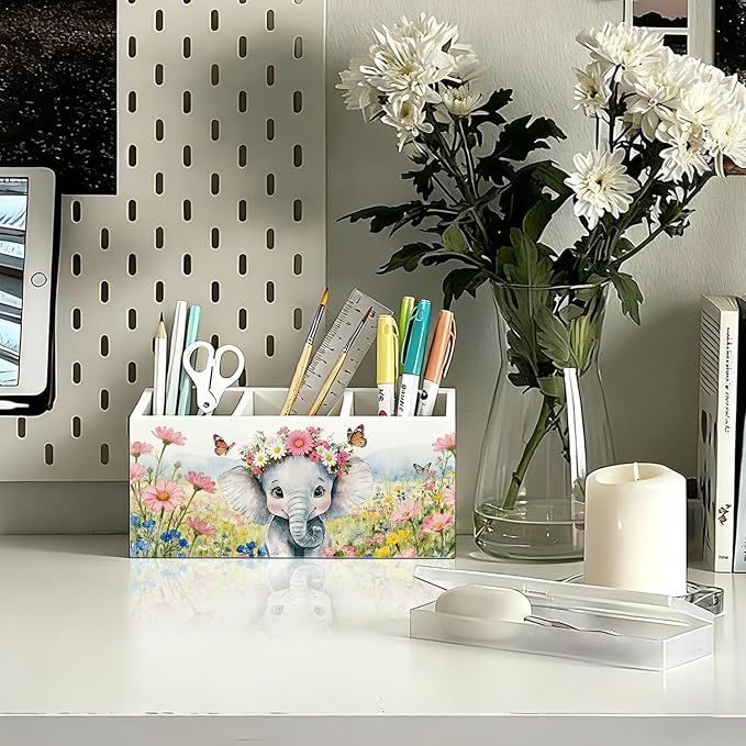 Elephant Pen Pencil Holder for Desk Accessories, Elephant Gifts for Women & Kids, Rustic Butterfly Flower Wild Animal Wooden Box Sign Decorations for Kids Room Home Office Desk Tabletop