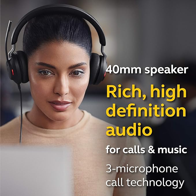 Jabra Evolve2 40 MS Wired Headphones, USB-C, Stereo, Black – Telework Headset for Calls and Music, Enhanced All-Day Comfort, Passive Noise Cancelling Headphones, MS-Optimized with USB-C Connection