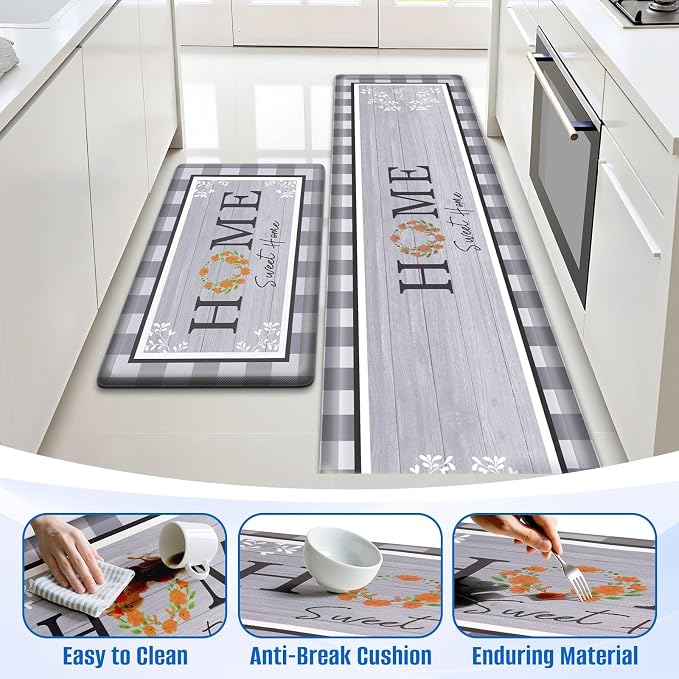 Kitchen Rugs, 2 PCS Kitchen Mats for Floor, Cushioned Non-Slip Anti Fatigue Mats for Kitchen Floor, Kitchen Runner Rugs for Standing Desk, Office, Laundry (17.3’’ x 30’’ + 17.3’’ x 70’’)