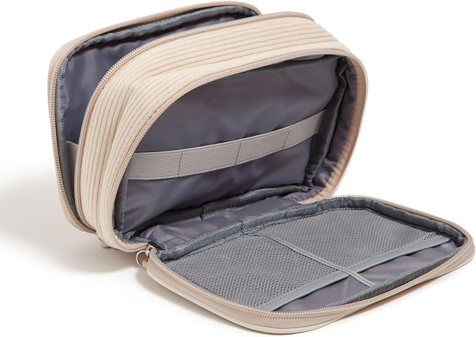 U Brands Dual Zip Corduroy Travel Electronics Organizer, Tech Travel Case, Portable Travel Bag, Cord Storage, 8" x 5.25" x 2.5", Sand Beige