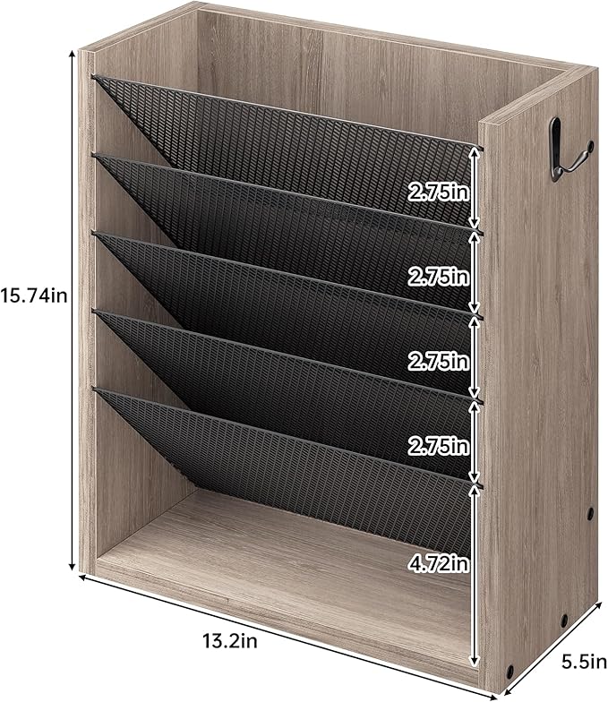 Creso hom Mail Organizer Wall Mounted, Mail Sorter with 2 Key Hooks, 6-Slot File Organizer for Wall or Desk, Wood Letter Holder Envelopes Bills Accessories for Home Office, Greige