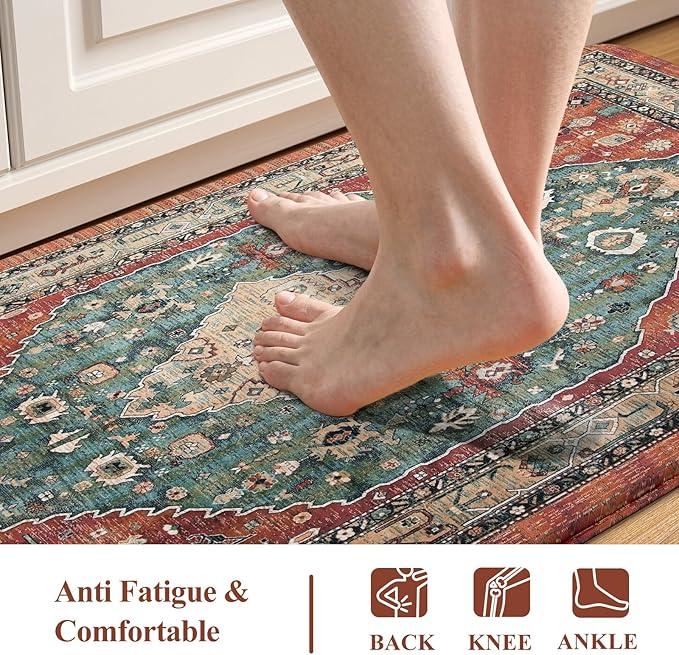 Collive Boho Kitchen Mats for Floor, Kitchen Mats Cushioned Anti Fatigue Waterproof Kitchen Rugs Sets of 2 Non-Skid Comfort Standing Mat for Kitchen, Office, Sink, Laundry, 20"x32"+20"x48"(Red)
