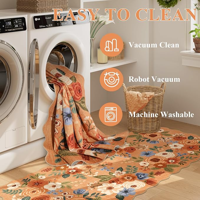 DUKINO 2x6 Runner Rug for Hallway, Washable Kitchen Rug with Non Slip Backing & Non-Shediing, Soft Low Pile Floral Design Runner for Bedroom, Kithchen, Living Room, Laundry, Bathroom, Orange