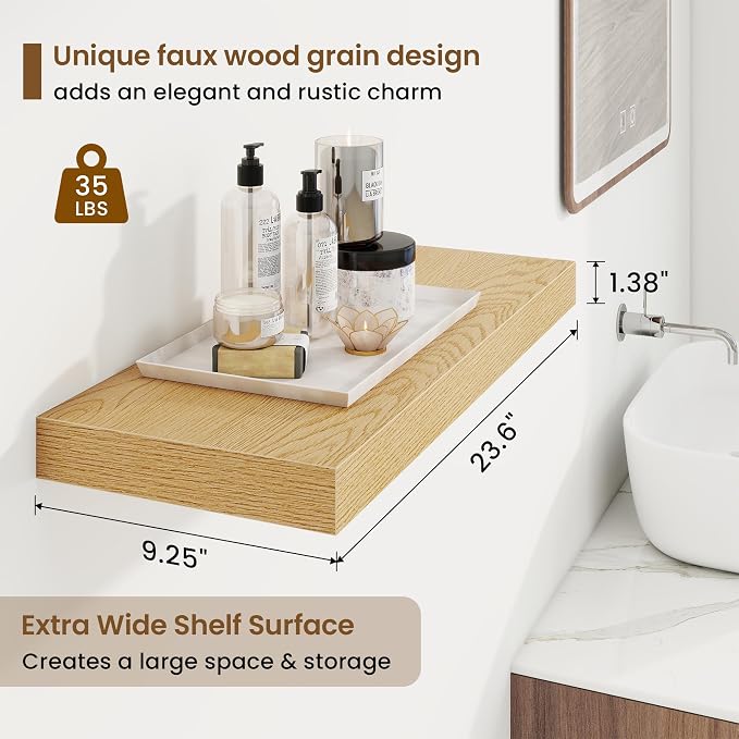 24in Floating Shelves for Wall, 24"W x 9.25"D x 1.25"H, 2 Pack Long Wall Mounted Engineered Wood Shelves with Invisible Brackets for Living Room, Bedroom, Bathroom, Kitchen Decor and Storage, Oak