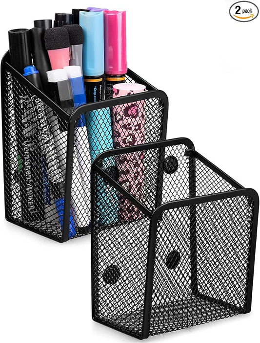 QYH Large Magnetic Pen Holder 2 Pack Magnetic Basket 8 Strong Magnet Pencil Holders Locker Accessories for Refrigerator Whiteboard Black(3.54x2.76x5.04 In)