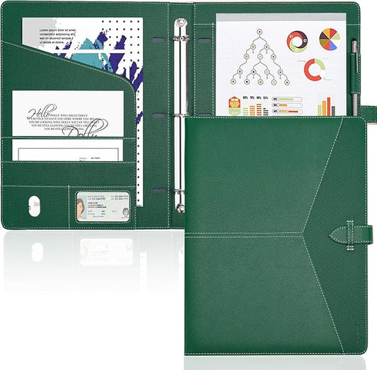 Toplive Padfolio 3 Ring Binder Organizer Business Portfolio Folder for Women, A4/ Letter Size PU Leather Portfolio Padfolio for Interview Conference Presentation, Dark Green