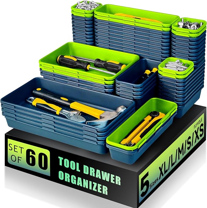 Tool Box Organizer Tray, 60 PCS & 5 Sizes, Blue and Green | High Quality ABS Plastic, Interlocking Desk Drawer Organizer, Tool Chest Organizer for Workshop Garage Office Kitchen