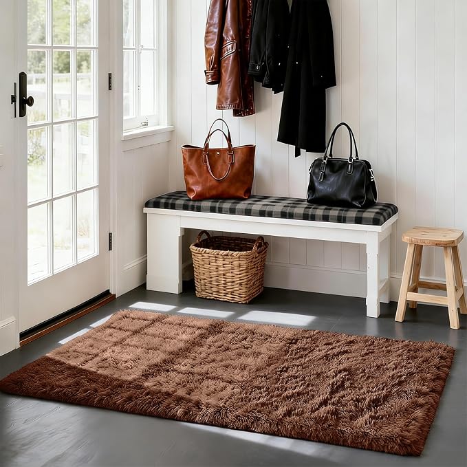 Soft Runner Rugs for Bedroom, Brown 3x7 Area Rugs Fluffy Rug Shag Area Rug Carpet, Bedside Rug for Living Room Bedroom Room Home Decor