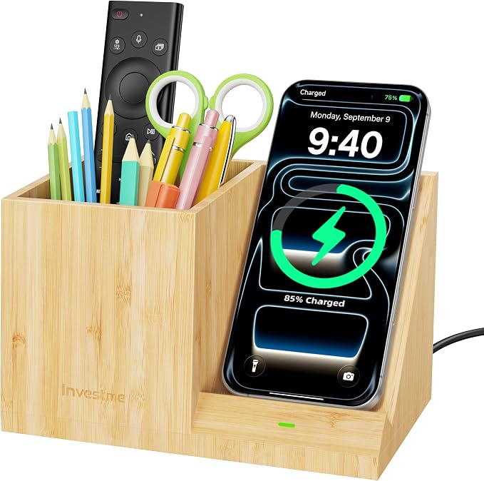 Bamboo Pen Holder for Desk with Wireless Charger, Desktop Organizer & Pencil Holder, Fast Wireless Charging Stand for iPhone, Samsung & More, Multifunctional Pen Organizer for Office, School, Home