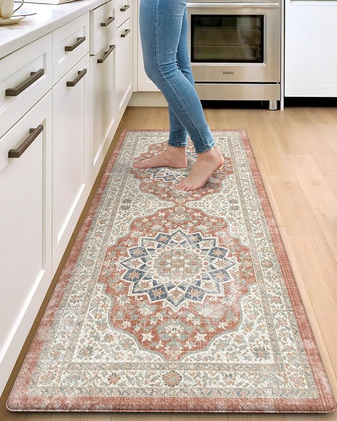 DEXI Kitchen Floor Mats Anti Fatigue, 23x59 Large Cushioned Vintage Runner Rug Waterproof, Standing Comfort Memory Foam Padded for Front Sink Laundry Office, Orange and White