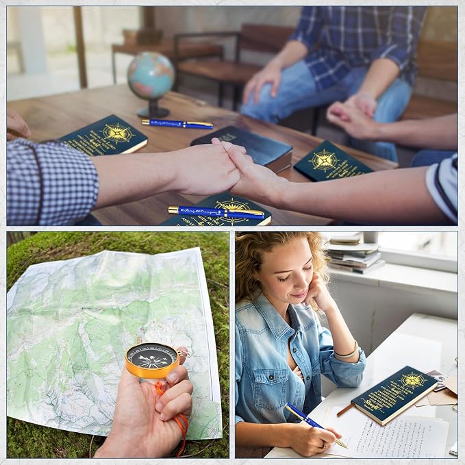 Fuyoooo 4 Pcs Baptism Gift Set for Men First Communion Gift Include Christian Journal Bible Notebook Engraved Compass and Religious Catholic Pen for Church Pastors