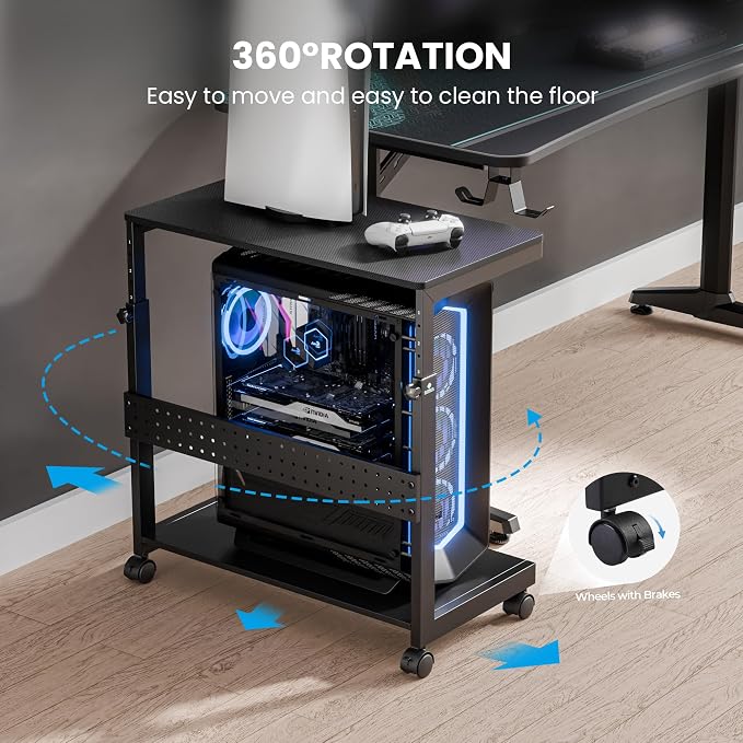 EUREKA ERGONOMIC PC Stand Computer Cart, Height Adjustable Tower Stand 2-Tier Suit for ATX Case Printer, Metal Rolling Cart on Wheels for Gaming Home Office, Carbon Fiber