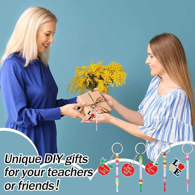 Suncalla 984 Pcs 24 Set Teacher Keychain Making Kit Teacher Charm Gifts Crafts DIY Cute Apple Beads Key Chain Thank You for All You Do Cards Strings Kit Back to School Gift First Day of Party Favors