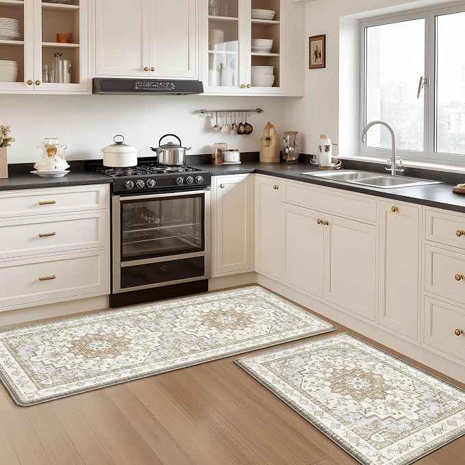 Boho Kitchen Mats for Floor 2 Piece Set Anti Fatigue Cushioned PVC Kitchen Rugs Non Slip Waterproof Farmhouse Mats 2/5 Inch Comfort Standing Mat for Sink, Laundry, 23.6"x39"+23.6"x59", Beige Tan