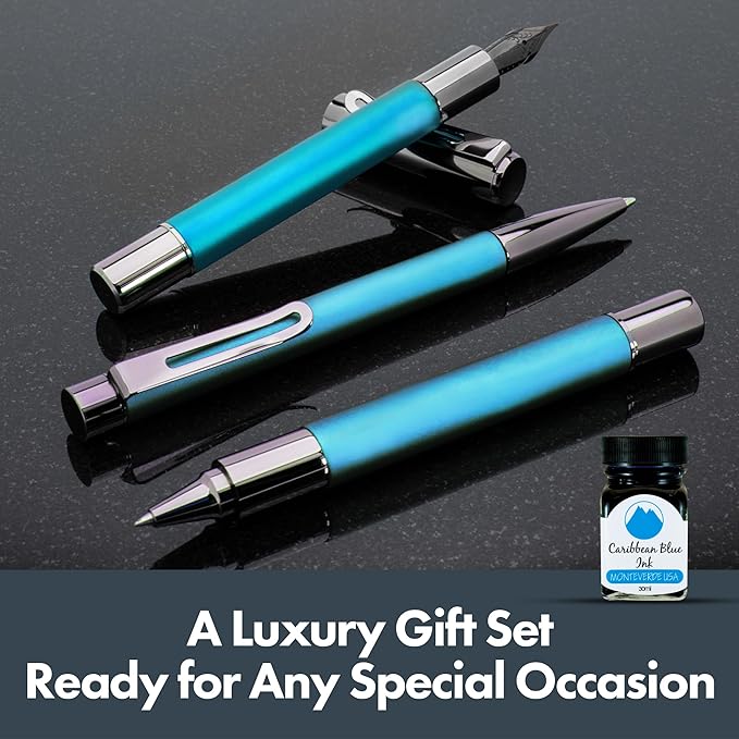 Monteverde Ritma 3+2 Piece Gift Set, Turquoise - Includes Fine Nib Fountain Pen, Rollerball, Ballpoint, 30ml Ink & Refill - Elegant Writing Set for Professionals & Collectors