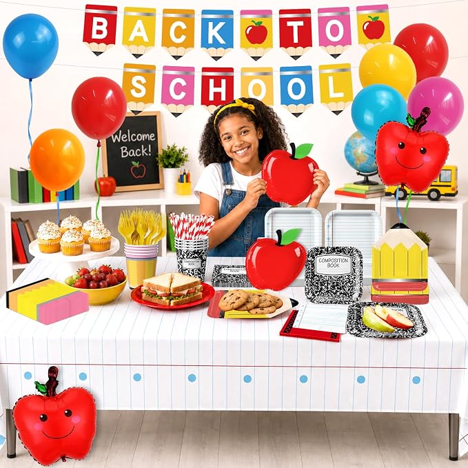 159 Pcs Back to School Decorations, First Day of School Party Supplies Includes Banner Paper Plates Napkins Cups Tablecloths Balloons for Classroom Kindergarten Back to School Party Decor