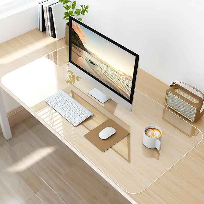 NATRKE Clear Desk Mat Pad, 27.6"x15.7" Large Transparent Computer Desk Mat Plastic Desktop Protector, PVC Writing Pad with Round Edge, Waterproof Wipeable Non-Slip Table Protector for Home Office