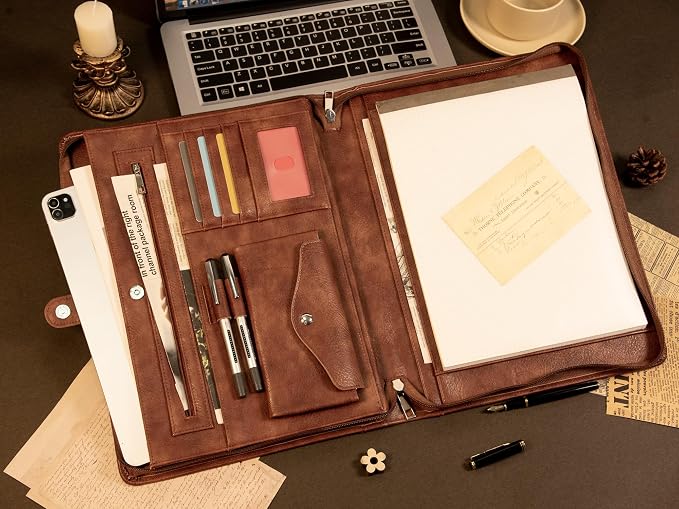 AZXCG Portfolio Binder, Portfolio with Handle and Zipper,Leather Podfolio for Men,Business Padfolio Organizer for Women, A4 Notepad Holder,Gift for Father's Day,Men and Women