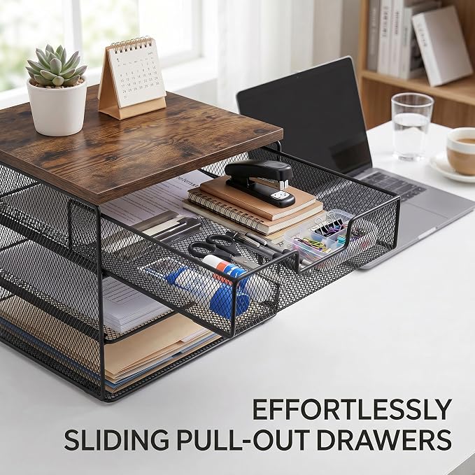 4-Tier Mesh Desk Organizer and Accessories with Drawer Wooden Top Desktop Organizers Letter Tray Paper Organizer File Holder for Home Office School Black