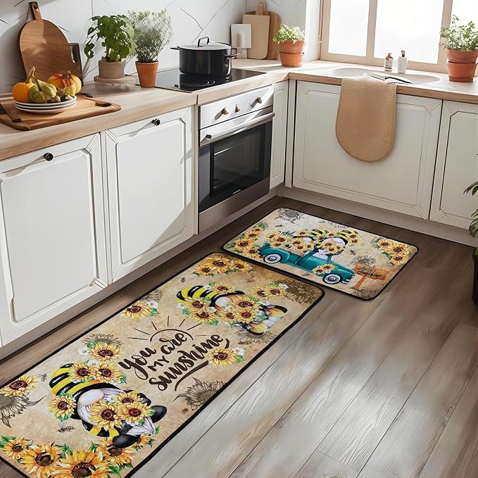 Voanos Sunflower Kitchen Rugs,Non Skid Washable Microfiber mats for Kitchen Floor,Bee Truck Theme Kitchen Cushioned Runner Rug Decor Sets of 2 Pieces,17"x 47"+17"x 30"