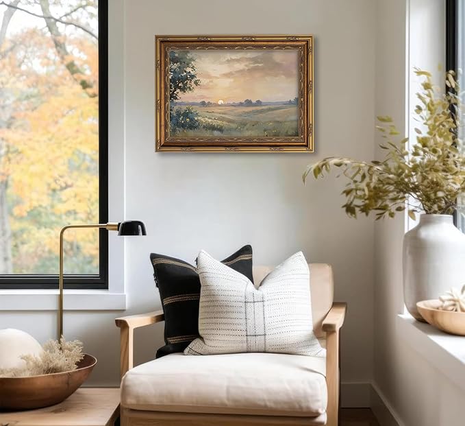 Vintage Gold Framed Wall Art Retro Fall Sunset Country Oil Painting Canvas Prints Watercolor Autumn Landscape Picture Rustic Farmhouse Soft Nature Poster Artwork for Living Room Bedroom, 9x11in