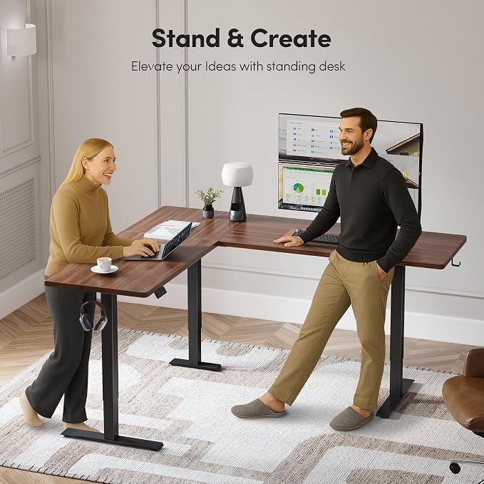 CubiCubi L Shaped Standing Desk 75 x 63 Inch Adjustable Height, Electric Corner Desk, Sit Stand Home Office Desk with Splice Board, Black Walnut(2 Packages