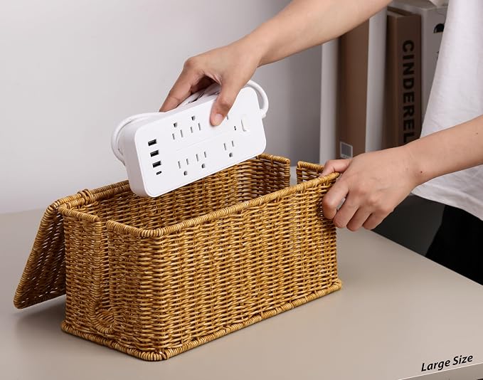 ZhiYo Rattan Cable Management Box, Cord Organizer, Nature, 2 Pack (M&L) | Handwoven imitation rattan cord hider box conceals power strips and cables for a clean desk or floor setup