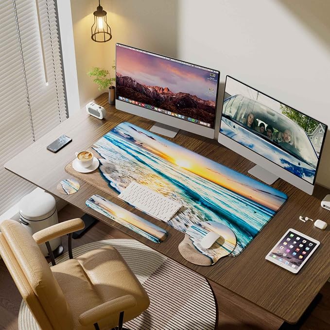 Desk Mat Set + Keyboard and Mouse Pad with Wrist Rest Support,4-in-1 Large Mousepad Computer Mats for Desktop Home & Office-Blue Sunset Beach