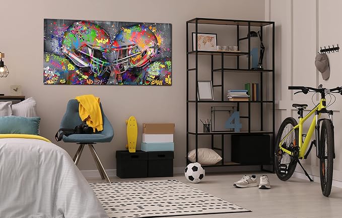 SIXTTART American Football Posters Large Wall-Art For Living Room - Graffiti Rugby Ball Bedroom Decor For Teen Boys - Banksy Canvas Wall-Art Ready To Hang Size 59" x 29"