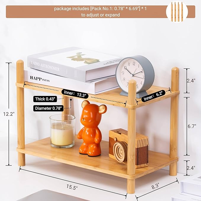 2-Tier Expandable Bamboo Desktop Organizer Shelf Kitchen Cabinet and Counter Riser Display Shelf for Top of Desk Home Office Bathroom Coffee Table Display Stand