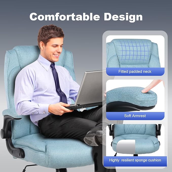 ralex-chair Big and Tall Office Chair -500 lb Office Chair for Big Man, Fabric High Back Office Desk Chair with 120° Tilt Rock,Computer Desk Chair with flip up arm - Light Blue