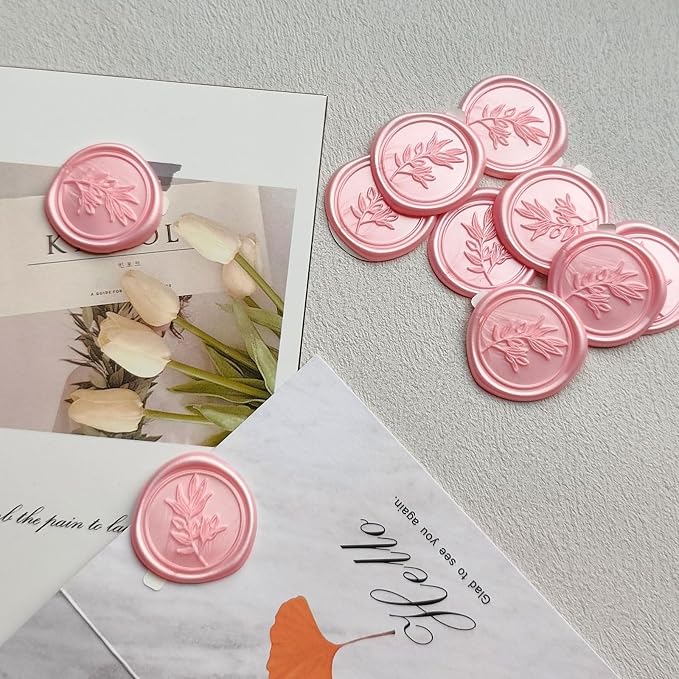 50Pcs Pink Self-Adhesive Wax Seal Stickers - Olive Branch Envelope Seal Stickers Perfect for Wedding Invitation, Envelopes, Wedding Invitation Accessories, Christmas Cards, Gift Wrapping